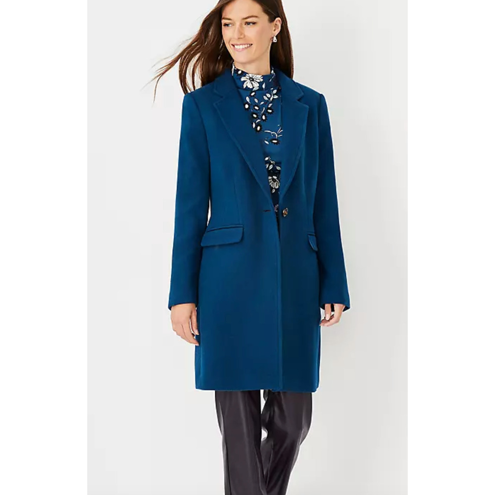 NEW ANN TAYLOR SEA STORM BLUE PETITE WOOL BLEND SHORT CHESTERFIELD COAT XSP XS